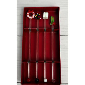 Pier 1 Glass Cocktail Swizzle Sticks Christmas Tree Presents Wreath Surfboard